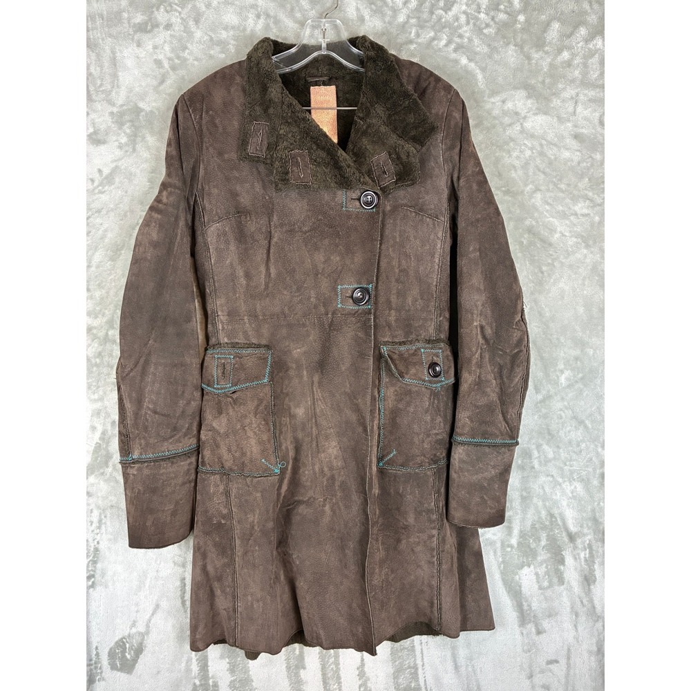 PMOB Womens Brown Leather Shearling Style Coat Lined M